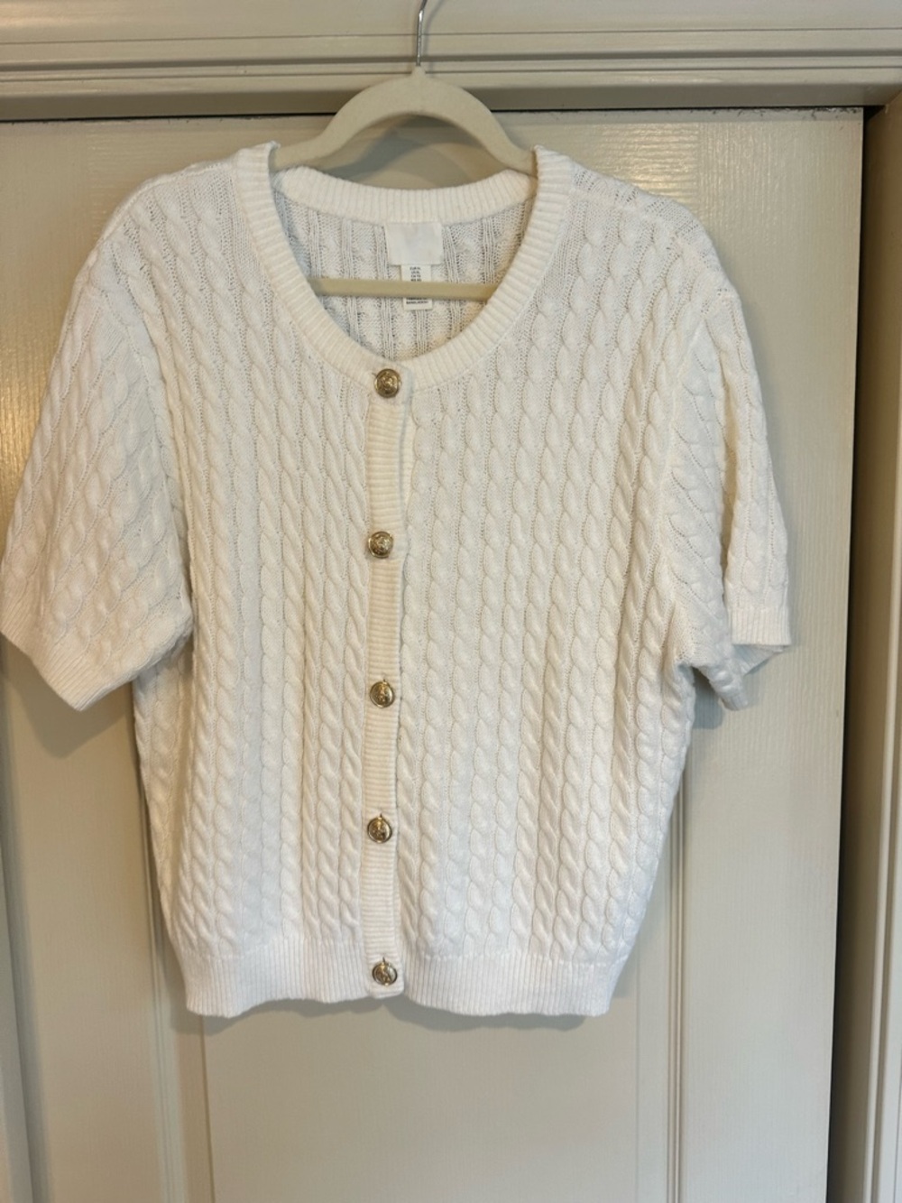 H&M White Short Sleeve Cable Knit Cardigan with Gold Buttons